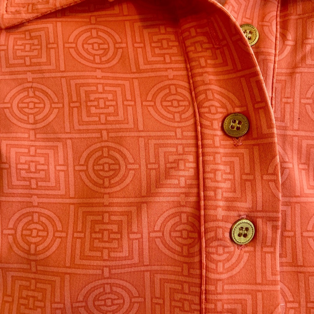 NWT J.McLaughlin Catalina Cloth Coral Geometric 3/4 Gold Button-Front SS Polo S - Picture 10 of 16